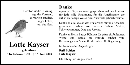 Traueranzeige von Lotte Kayser von Nordwest-Zeitung