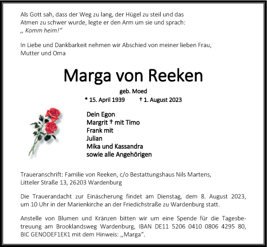 Traueranzeige von Marga von Reeken von Nordwest-Zeitung