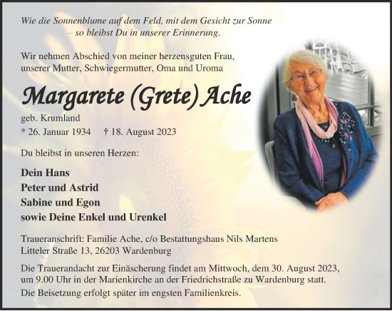 Traueranzeige von Margarete Ache von Nordwest-Zeitung
