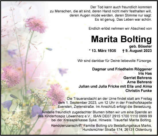 Traueranzeige von Marita Bolting von Nordwest-Zeitung