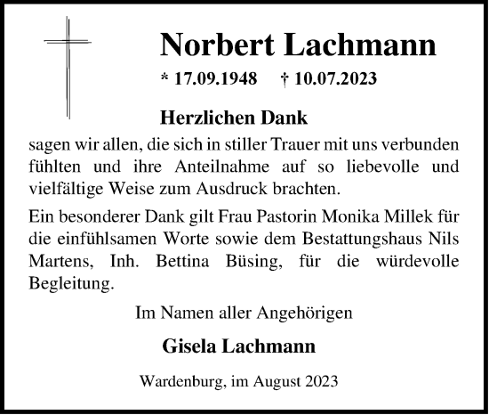 Traueranzeige von Norbert Lachmann von Nordwest-Zeitung