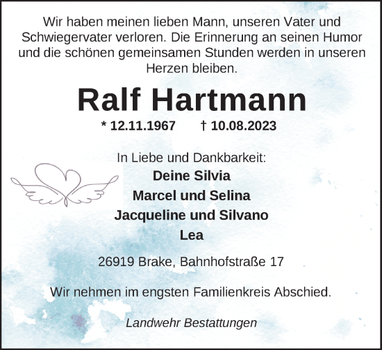 Traueranzeige von Ralf Hartmann von Nordwest-Zeitung