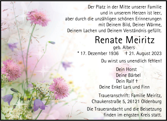 Traueranzeige von Renate Meiritz von Nordwest-Zeitung