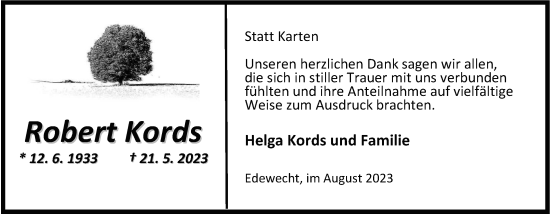 Traueranzeige von Robert Kords von Nordwest-Zeitung