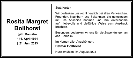 Traueranzeige von Rosita Margret Bollhorst von Nordwest-Zeitung