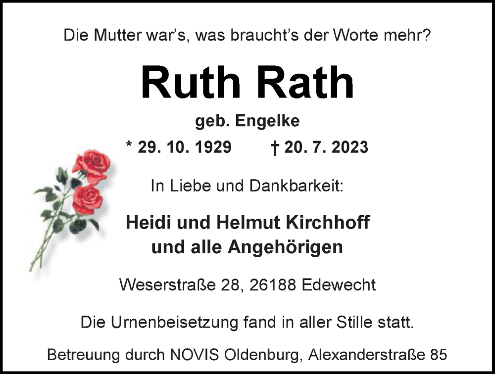  Traueranzeige für Ruth Rath vom 12.08.2023 aus Nordwest-Zeitung
