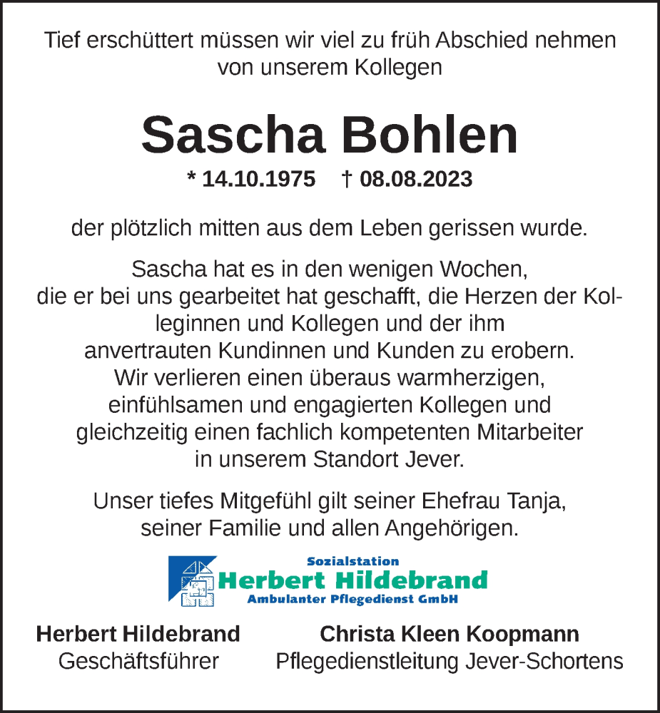  Traueranzeige für Sascha Bohlen vom 14.08.2023 aus WZ/JW/AH