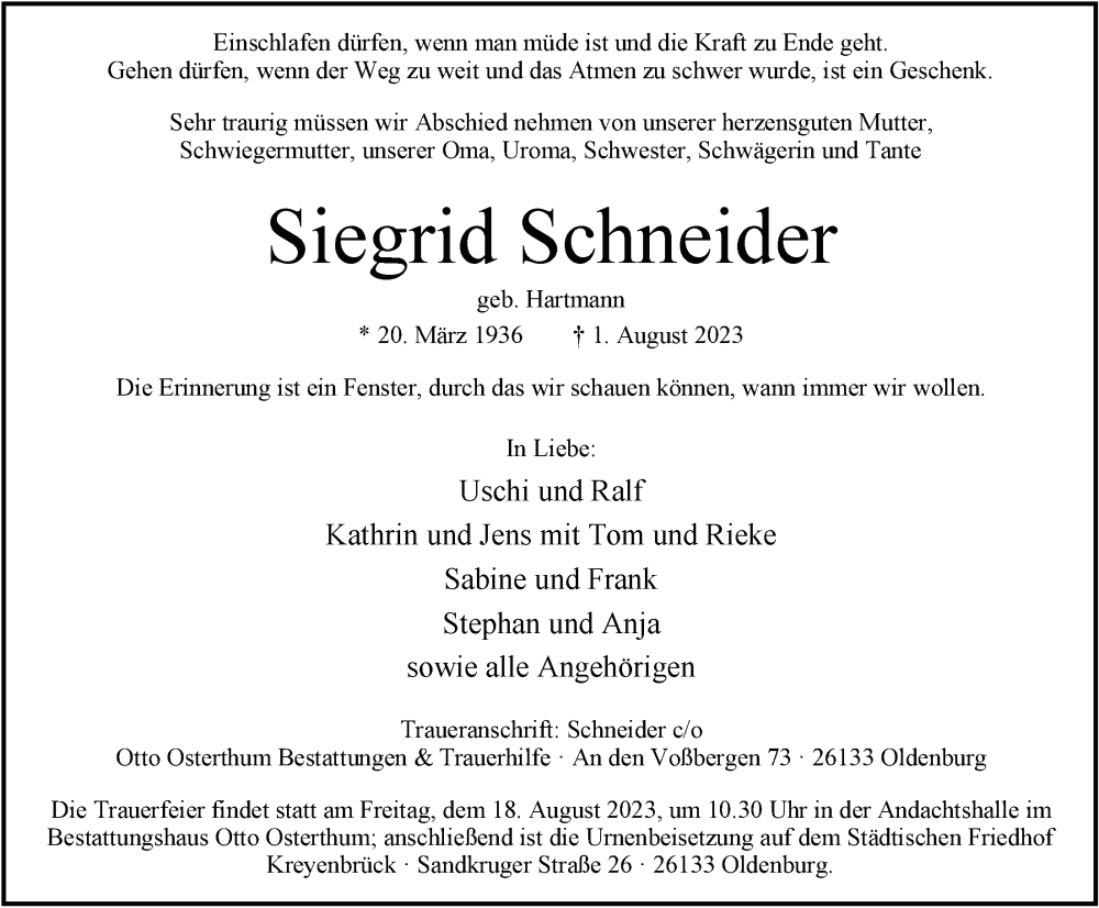  Traueranzeige für Siegrid Schneider vom 08.08.2023 aus Nordwest-Zeitung