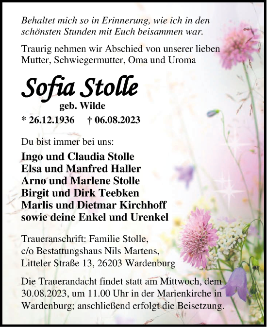 Traueranzeige von Sofia Stolle von Nordwest-Zeitung