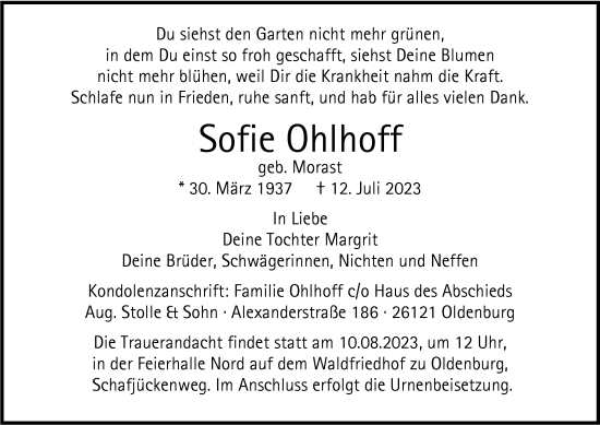Traueranzeige von Sofie Ohlhoff von Nordwest-Zeitung