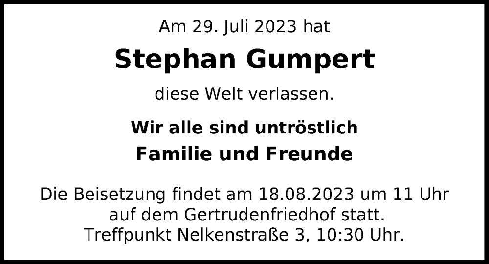  Traueranzeige für Stephan Gumpert vom 09.08.2023 aus Nordwest-Zeitung