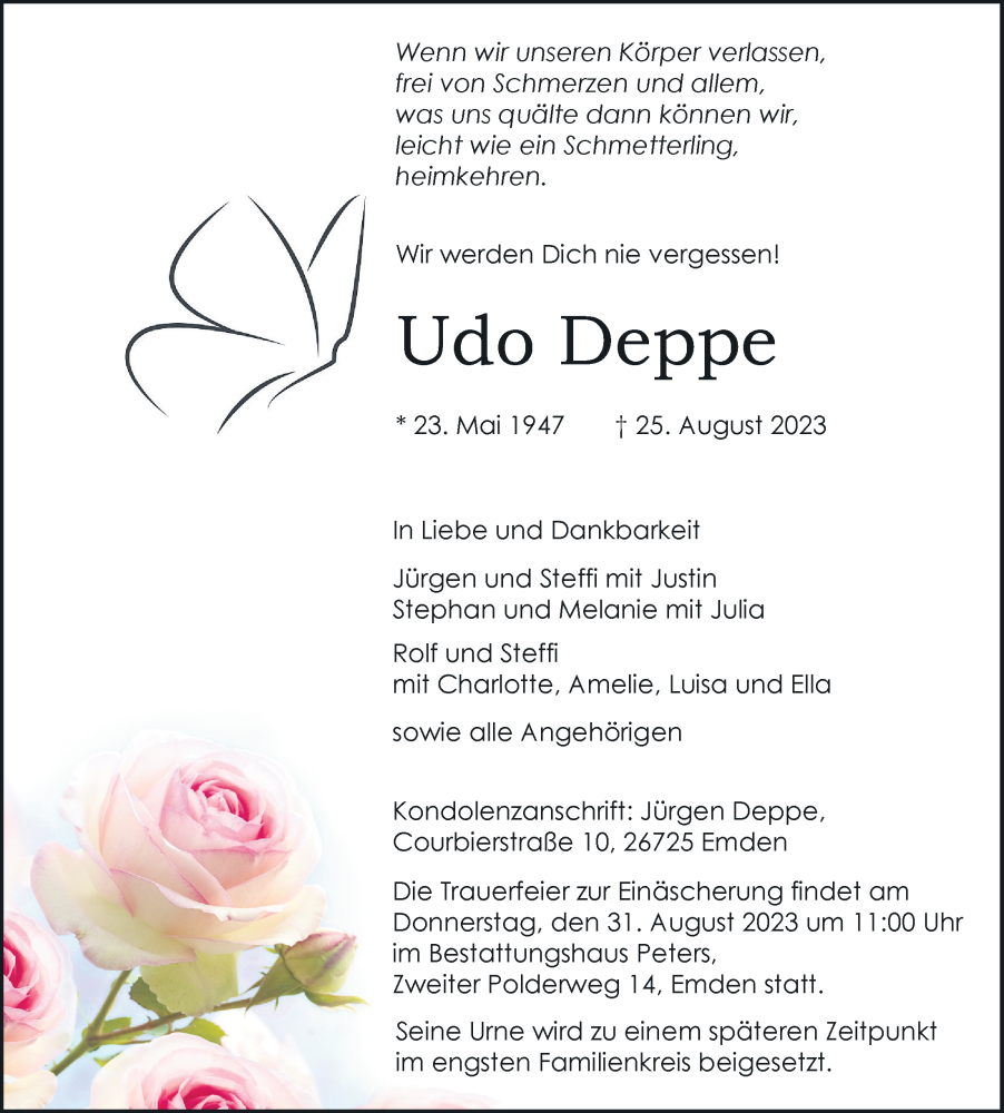  Traueranzeige für Udo Deppe vom 29.08.2023 aus Emder Zeitung