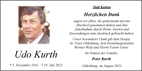 Traueranzeige von Udo Kurth von Nordwest-Zeitung