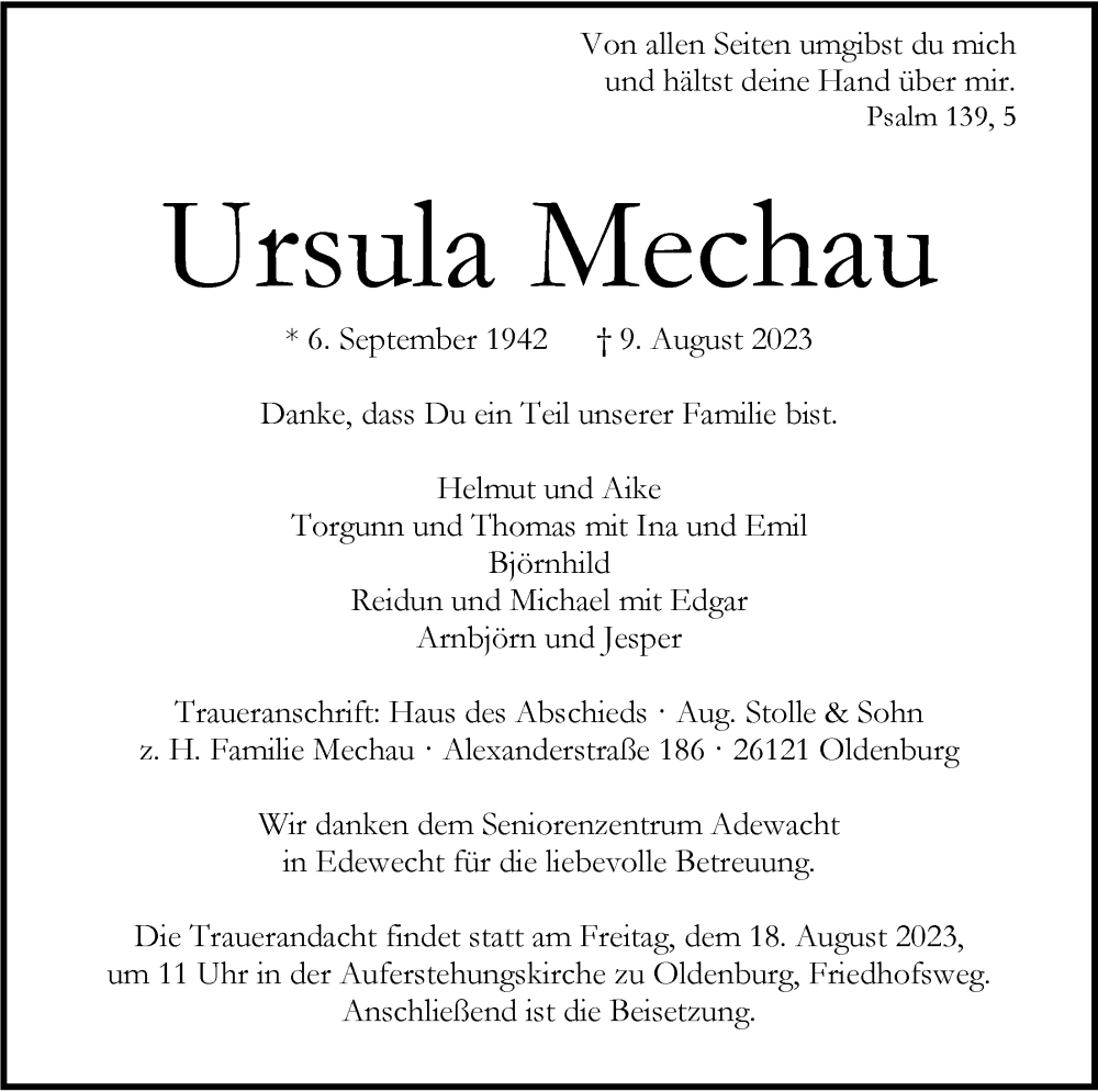  Traueranzeige für Ursula Mechau vom 12.08.2023 aus Nordwest-Zeitung