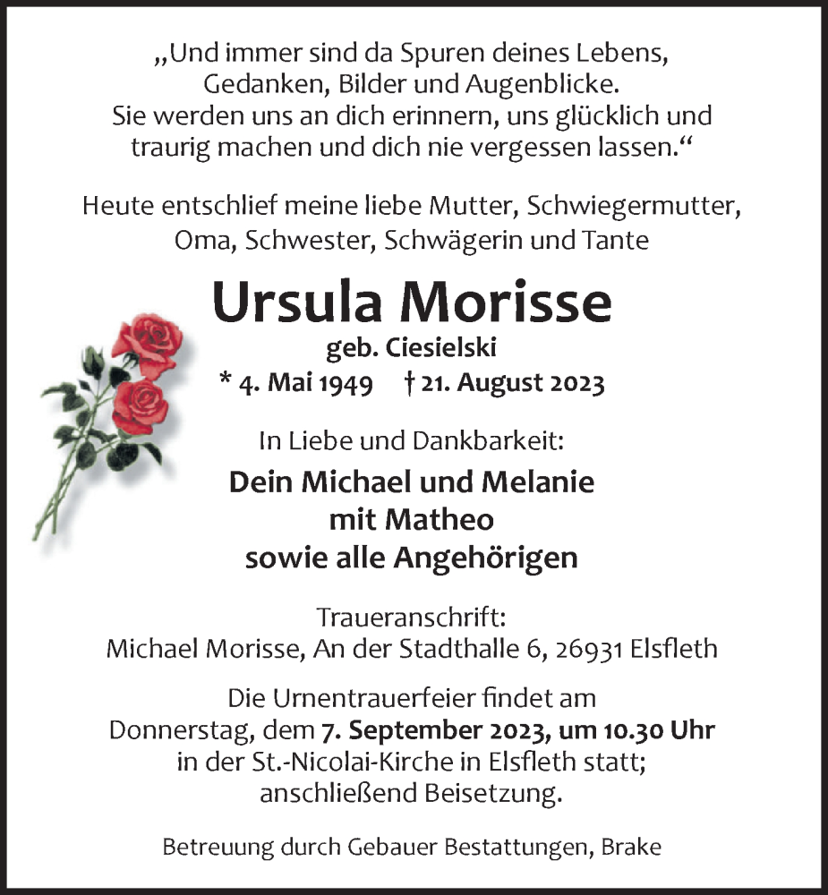  Traueranzeige für Ursula Morisse vom 26.08.2023 aus Nordwest-Zeitung