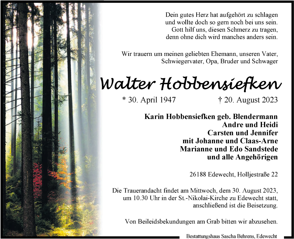  Traueranzeige für Walter Hobbensiefken vom 25.08.2023 aus Nordwest-Zeitung