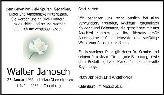 Traueranzeige von Walter Janosch von Nordwest-Zeitung