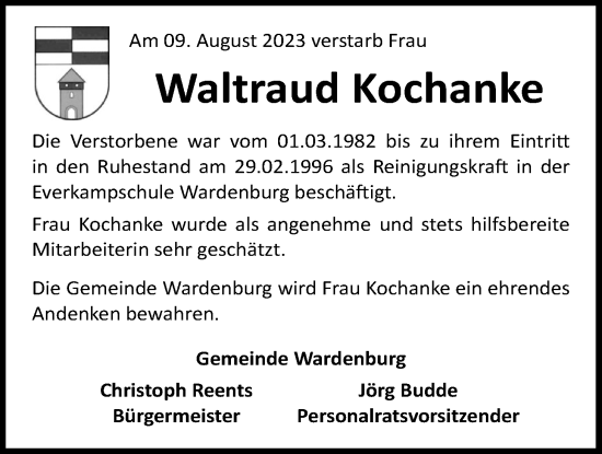 Traueranzeige von Waltraud Kochanke von Nordwest-Zeitung