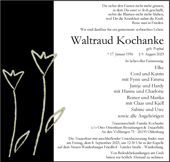 Traueranzeige von Waltraud Kochanke von Nordwest-Zeitung