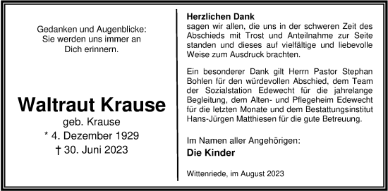 Traueranzeige von Waltraut Krause von Nordwest-Zeitung