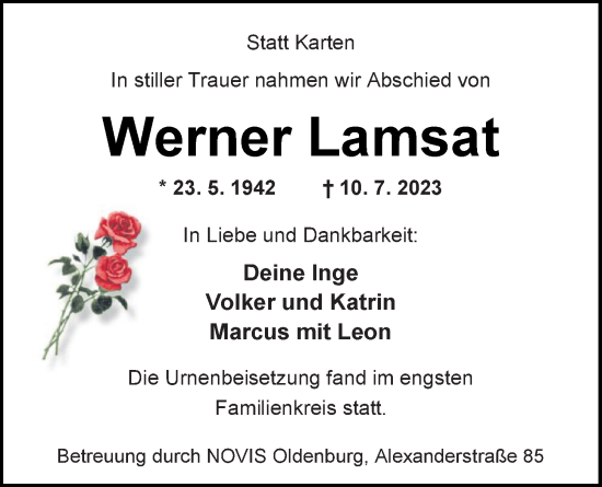 Traueranzeige von Werner Lamsat von Nordwest-Zeitung