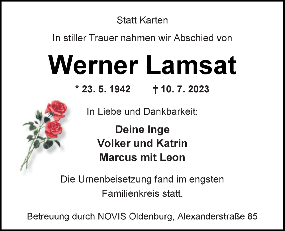  Traueranzeige für Werner Lamsat vom 15.08.2023 aus Nordwest-Zeitung