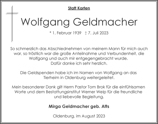 Traueranzeige von Wofgang Geldmacher von Nordwest-Zeitung