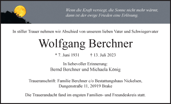 Traueranzeige von Wolfgang Berchner von Nordwest-Zeitung