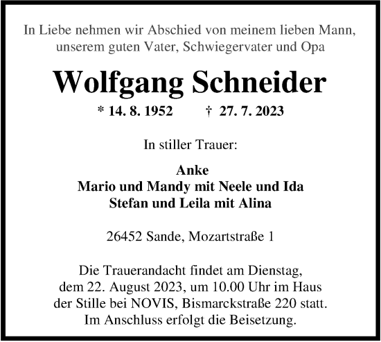 Traueranzeige von Wolfgang Schneider von WZ/JW/AH