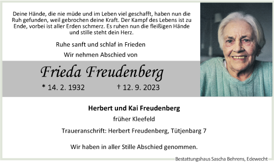 Traueranzeige von Frieda Freudenberg von 5129637