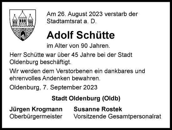 Traueranzeige von Adolf Schütte von Nordwest-Zeitung