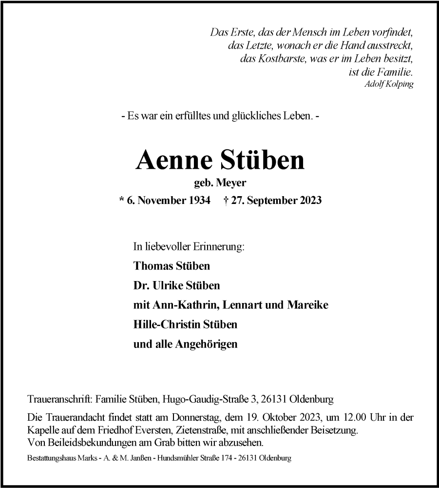  Traueranzeige für Aenne Stüben vom 30.09.2023 aus Nordwest-Zeitung