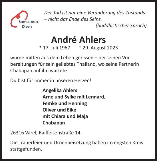 Traueranzeige von André Ahlers von Nordwest-Zeitung