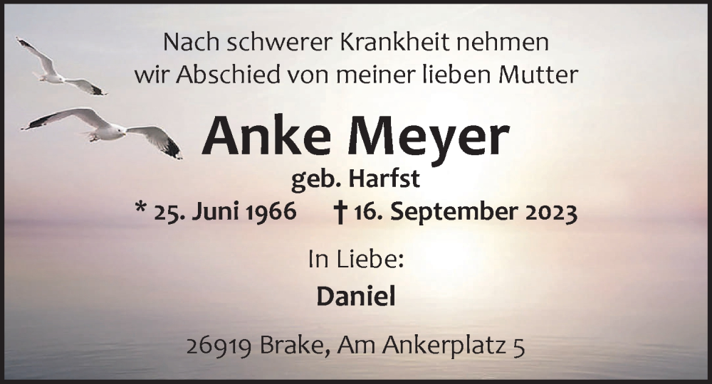  Traueranzeige für Anke Meyer vom 23.09.2023 aus Nordwest-Zeitung