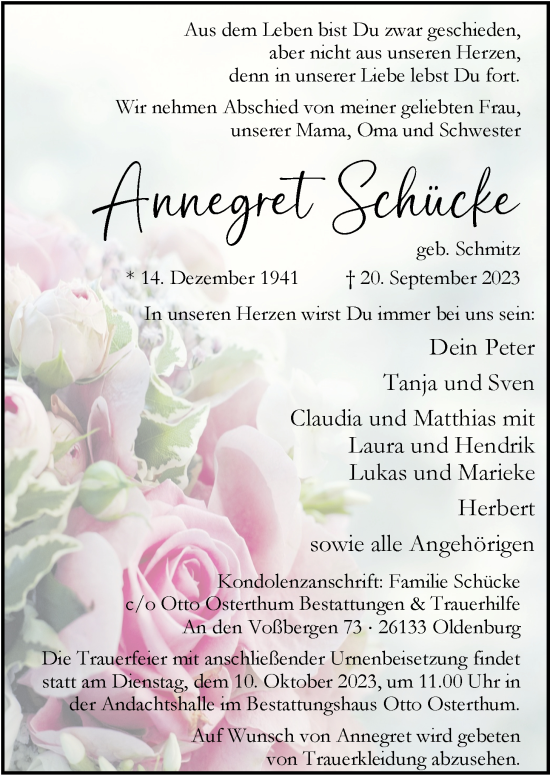 Traueranzeige von Annegret Schücke von Nordwest-Zeitung