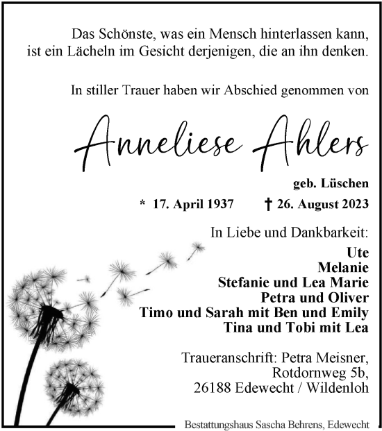 Traueranzeige von Anneliese Ahlers von Nordwest-Zeitung