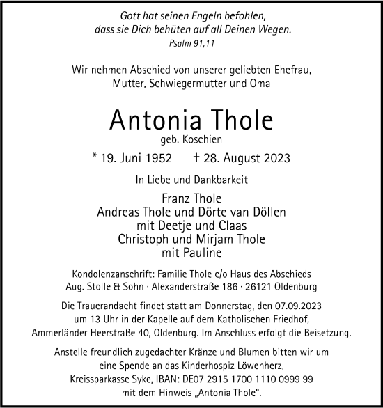 Traueranzeige von Antonia Thole von Nordwest-Zeitung