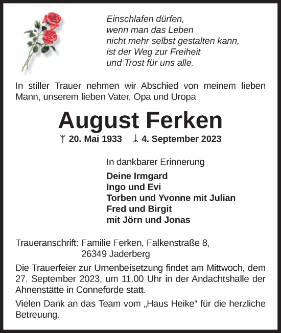 Traueranzeige von August Ferken von Nordwest-Zeitung