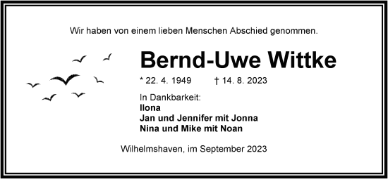 Traueranzeige von Bernd-Uwe Wittke von WZ/JW/AH