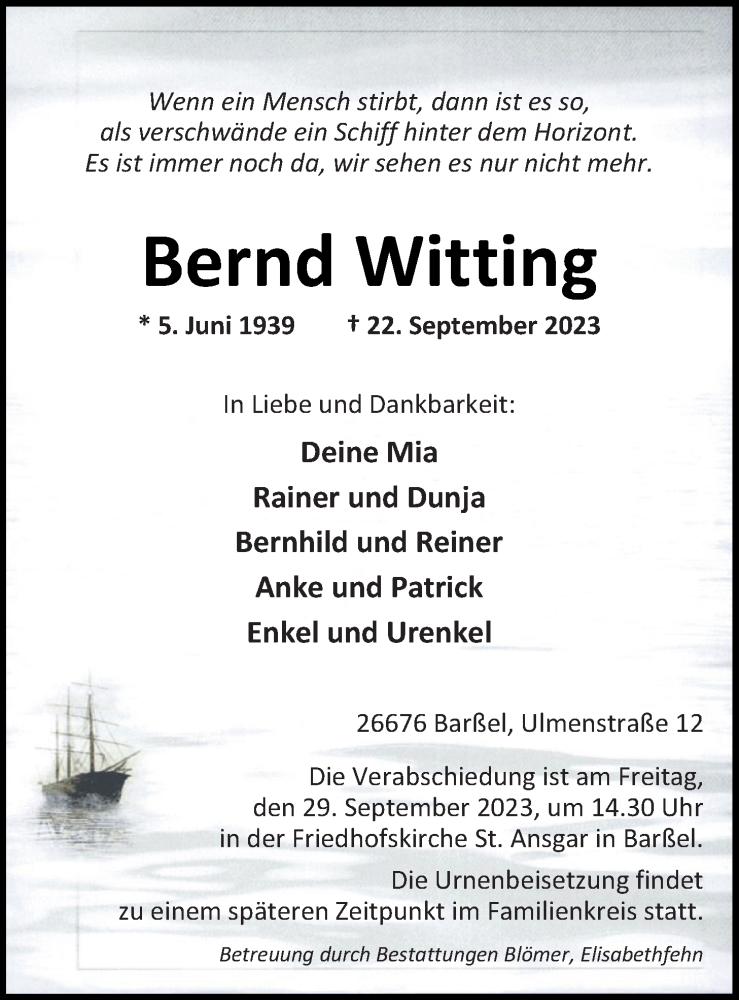  Traueranzeige für Bernd Witting vom 26.09.2023 aus Nordwest-Zeitung