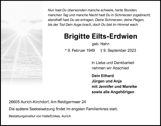 Traueranzeige von Brigitte Eilts-Erdwien von WZ/JW/AH