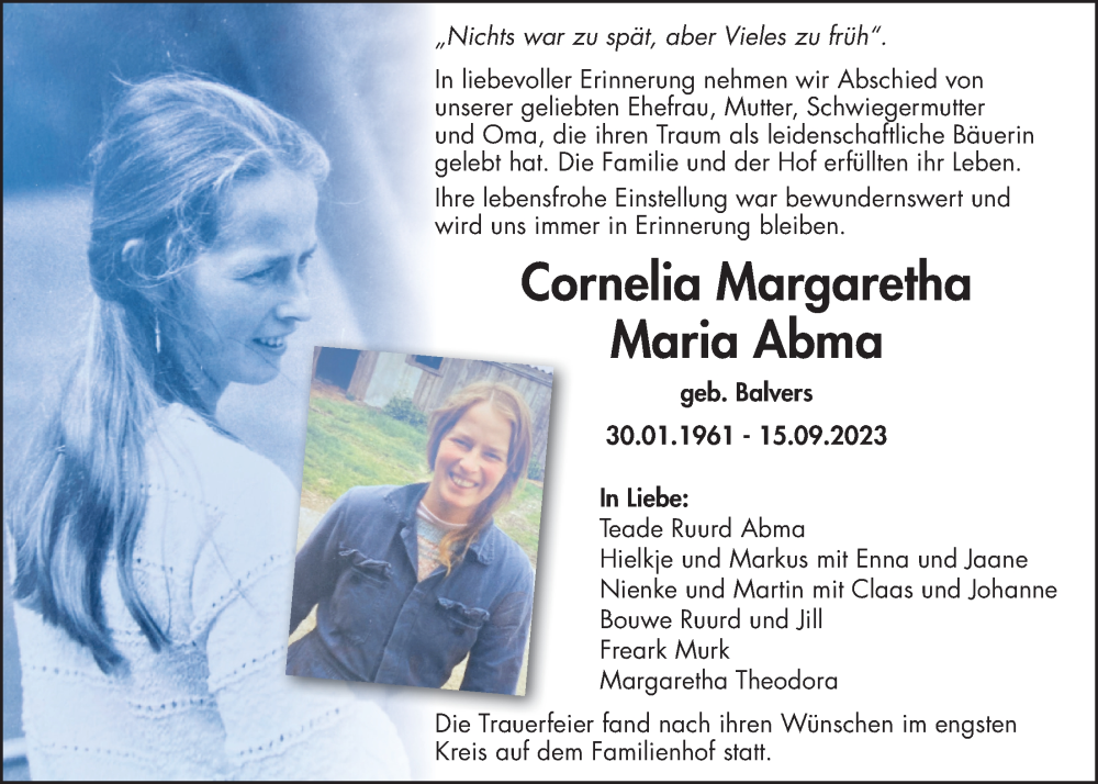  Traueranzeige für Cornelia Margareta Maria Abma vom 18.09.2023 aus WZ/JW/AH