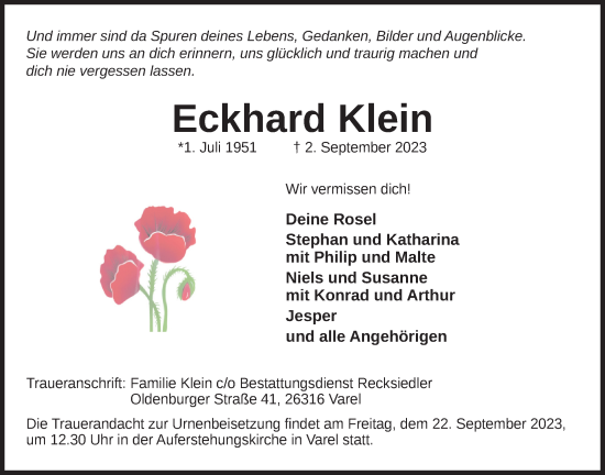 Traueranzeige von Eckhard Klein von Nordwest-Zeitung