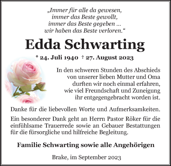 Traueranzeige von Edda Schwarting von Nordwest-Zeitung