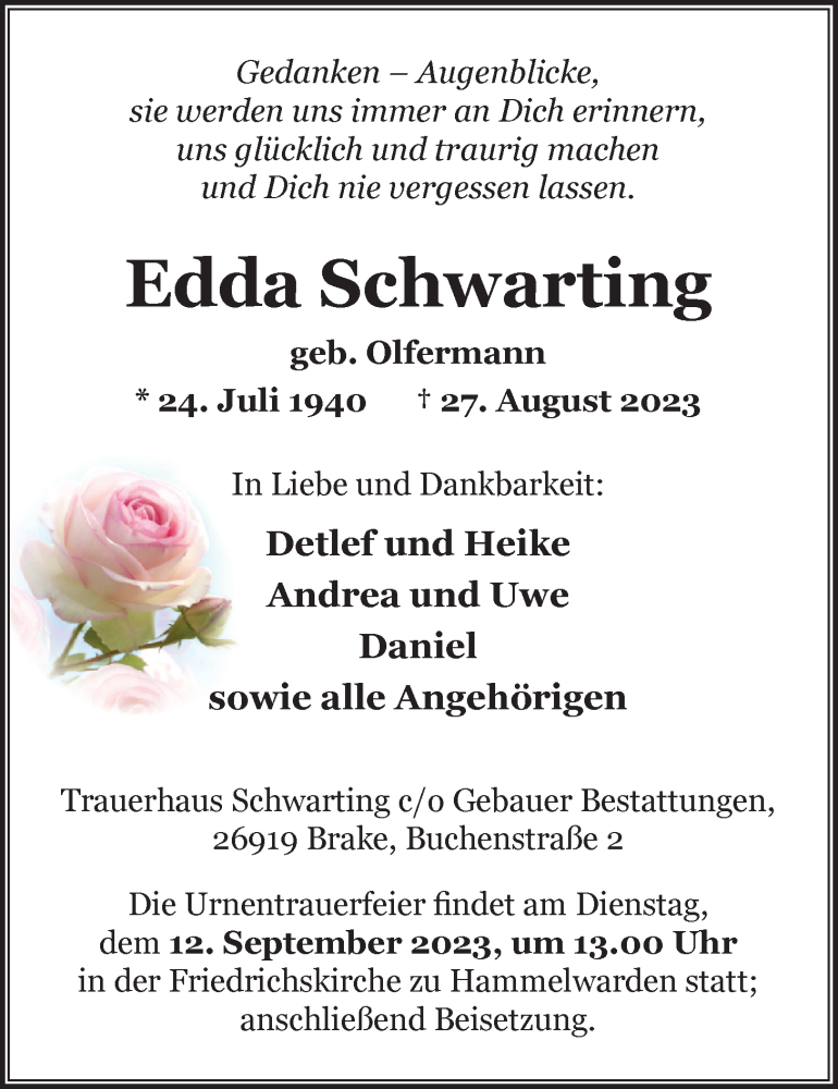  Traueranzeige für Edda Schwarting vom 02.09.2023 aus Nordwest-Zeitung