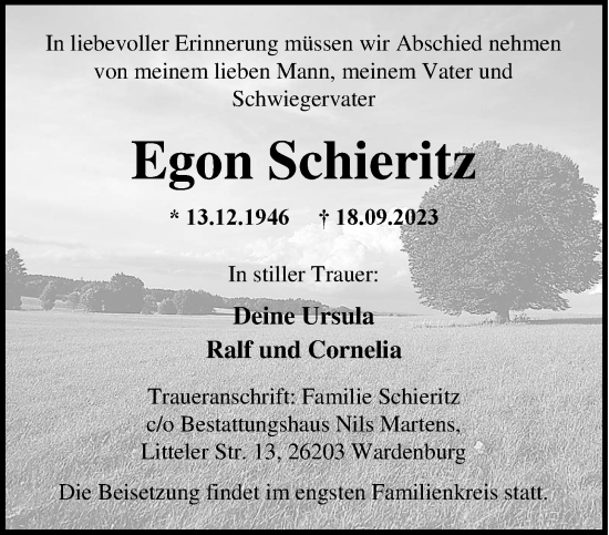 Traueranzeige von Egon Schieritz von Nordwest-Zeitung