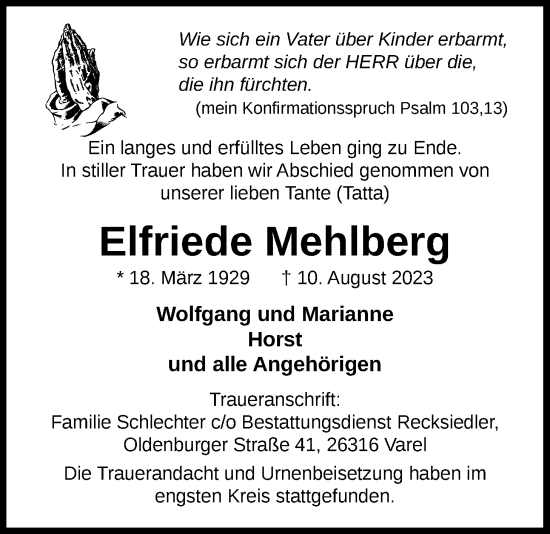 Traueranzeige von Elfriede Mehlberg von Nordwest-Zeitung