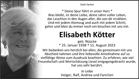 Traueranzeige von Elisabeth Kötter von Nordwest-Zeitung