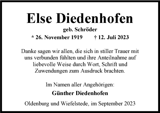 Traueranzeige von Else Diedenhofen von Nordwest-Zeitung