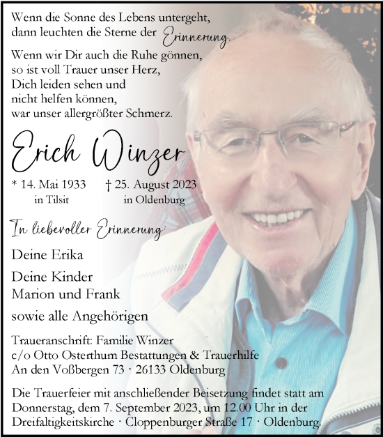 Traueranzeige von Erich Winzer von Nordwest-Zeitung